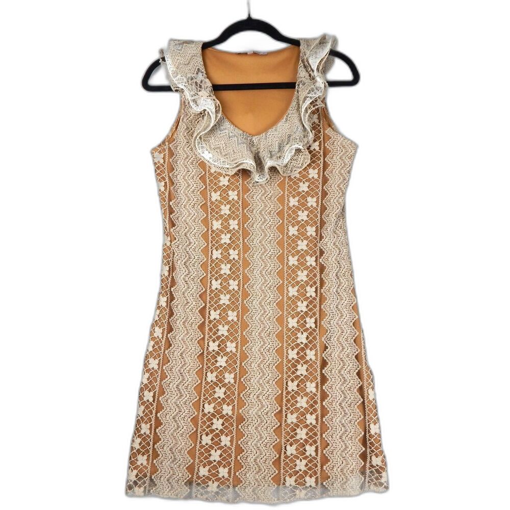 Young Essence Tan & White Floral Lace Ruffle Neck Tunic Mini Dress - Size M